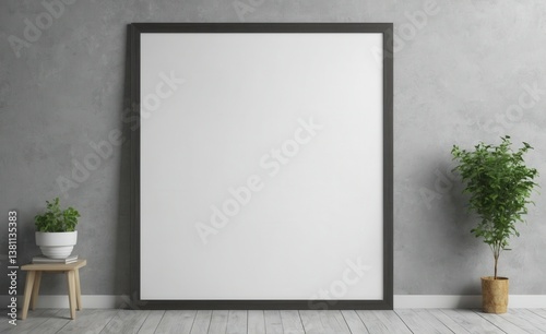 Black Wooden Frame Poster Mockup on Floor Modern 3D Interior Render