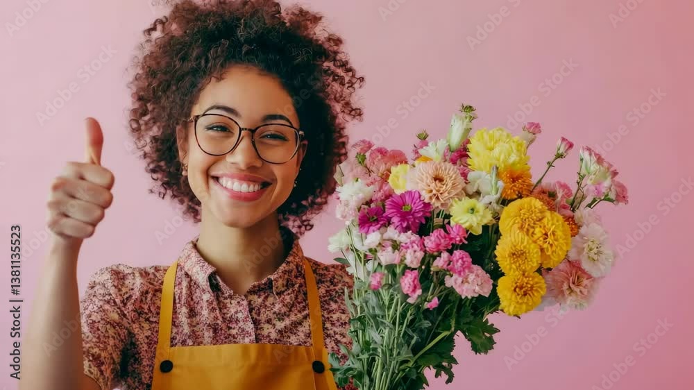 Smiling florist with vibrant bouquet gives thumbs up against pink background Smiling florist with vibrant bouquet gives thumbs up against pink background