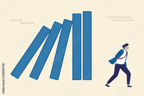 Risk management, uncertainty or unknown threat causing business failure, economic crisis, danger or problem, security and safety concept, courage businessman thinking look at collapsing domino effect.