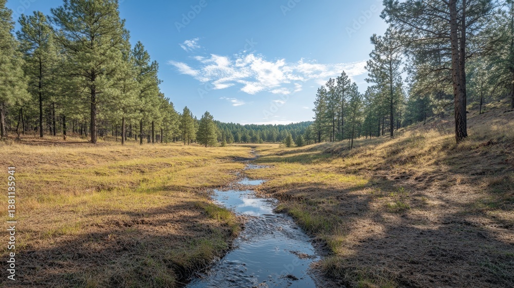 Serene Pine Forest Stream Under a Clear Blue Sky in Daylight