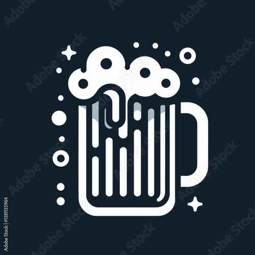 Stylized beer mug illustration with frothy bubbles and decorative elements on a dark background, copy space