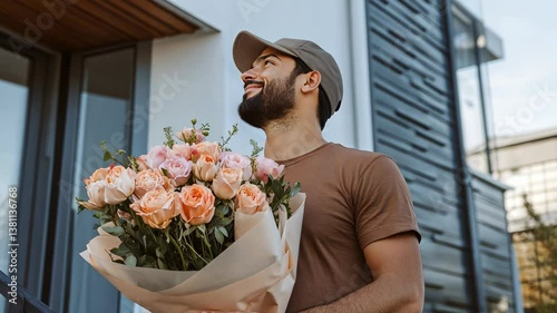 Joyful delivery: smiling man with bouquet of roses strolls in urban setting