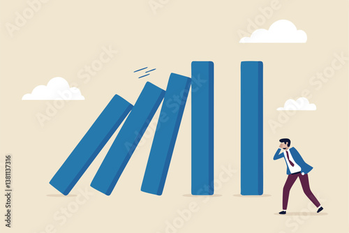 Risk management, uncertainty or unknown threat causing business failure, economic crisis, danger or problem, security and safety concept, courage businessman thinking look at collapsing domino effect.