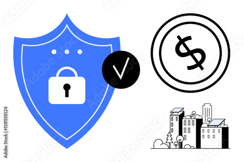 Blue shield with padlock, financial security symbol, smart city buildings with solar panels. Ideal for data protection, financial security, smart cities, urban sustainability, fintech