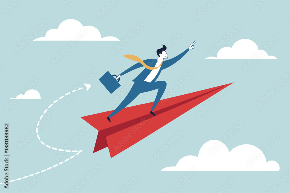 Communication, announcement or marketing message, loud speaker promotion notice or communicate important information concept, businessman on origami airplane shouting or announce message on megaphone. Communication, announcement or marketing message, loud speaker promotion notice or communicate important information concept, businessman on origami airplane shouting or announce message on megaphone.