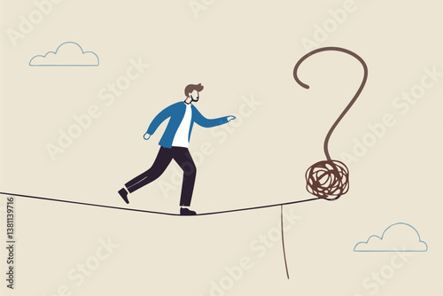 Uncertainty, unknown problem, challenge to overcome or investment risk, find out solution for business difficulty, adversity or determination, businessman acrobat rope walking to find question mark.