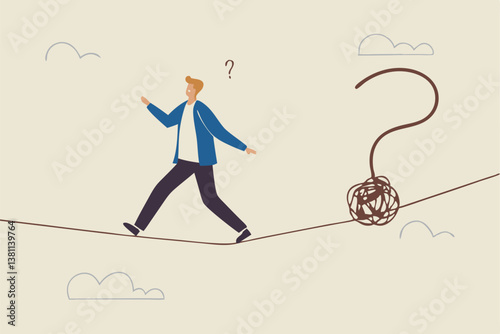 Uncertainty, unknown problem, challenge to overcome or investment risk, find out solution for business difficulty, adversity or determination, businessman acrobat rope walking to find question mark.