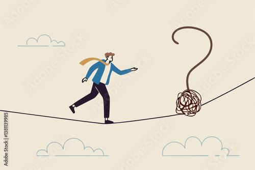 Uncertainty, unknown problem, challenge to overcome or investment risk, find out solution for business difficulty, adversity or determination, businessman acrobat rope walking to find question mark.