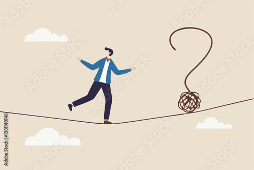 Uncertainty, unknown problem, challenge to overcome or investment risk, find out solution for business difficulty, adversity or determination, businessman acrobat rope walking to find question mark.