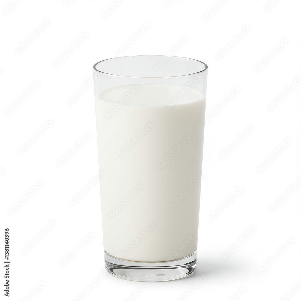 A clear glass filled with white milk standing on a white background in a studio setting isolated shot A clear glass filled with white milk standing on a white background in a studio setting isolated shot