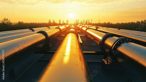 At sunrise, an oil and gas refinery plant, complete with steel pipelines and oil storage tanks, represents an industrial petroleum zone.