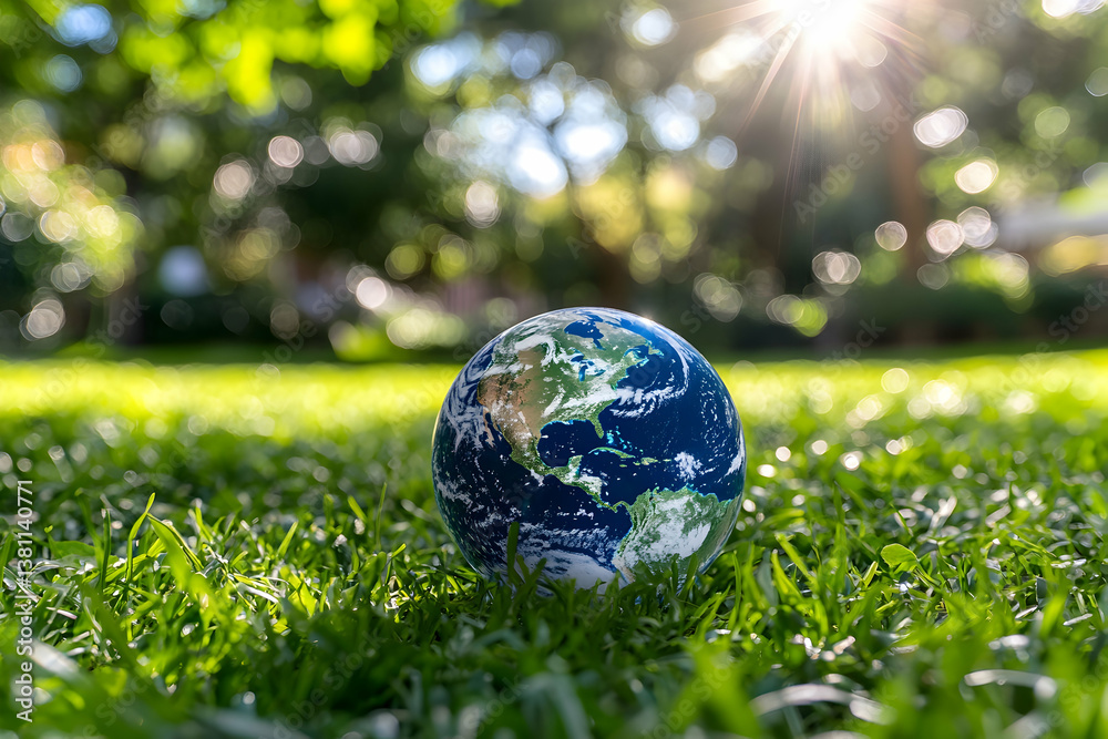 Glass globe resting in green grass with sunlight and lens flare effects Glass globe resting in green grass with sunlight and lens flare effects