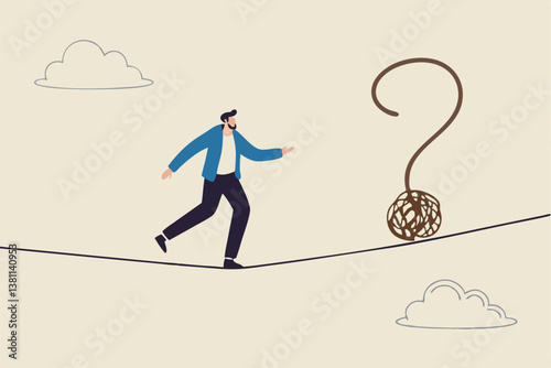 Uncertainty, unknown problem, challenge to overcome or investment risk, find out solution for business difficulty, adversity or determination, businessman acrobat rope walking to find question mark.