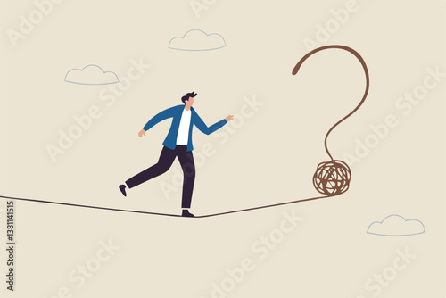Uncertainty, unknown problem, challenge to overcome or investment risk, find out solution for business difficulty, adversity or determination, businessman acrobat rope walking to find question mark.