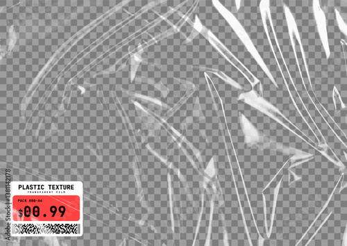 Transparent plastic film texture. Stretchable polyethylene film in A4 size. Plastic stretch cellophane effect with a crumpled and wrinkled texture. Realistic wrapping stretch film. Vector