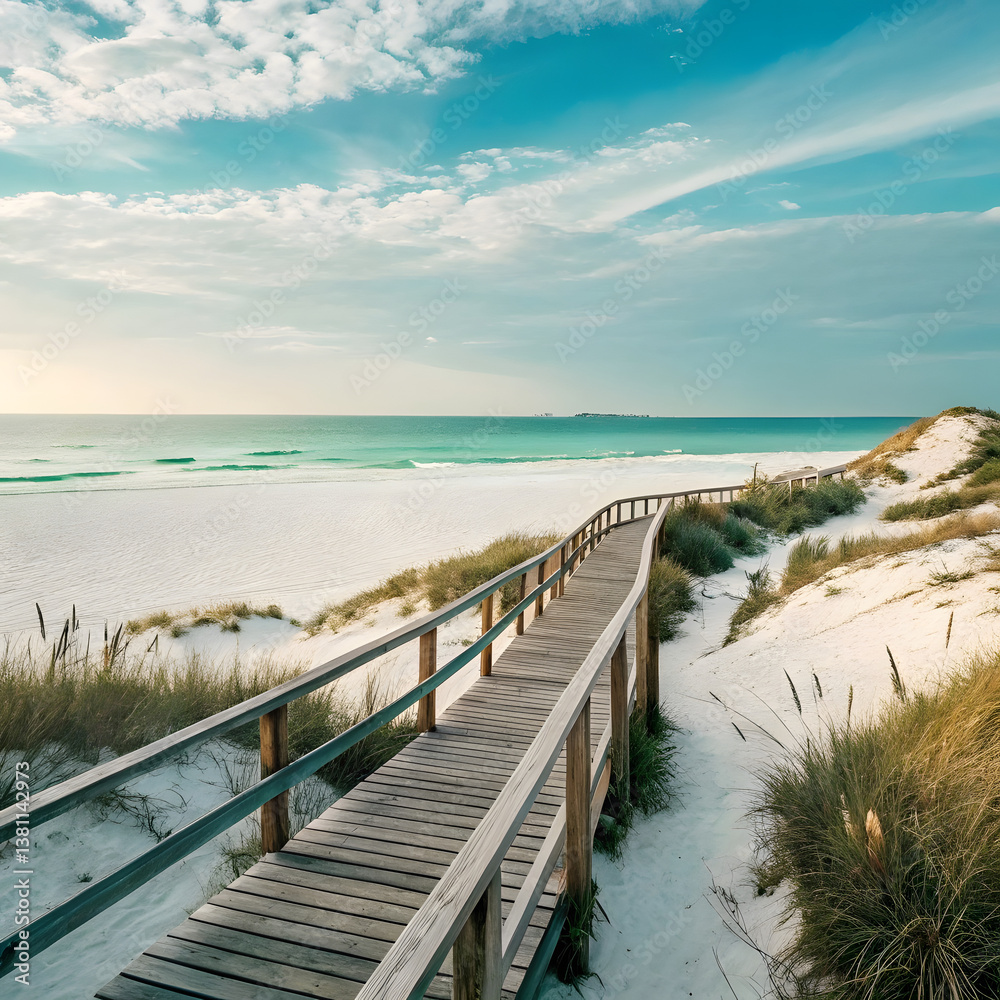 Obraz premium Idyllic Coastal Boardwalk: Tranquil Beach, Dunes & Expansive Ocean Vista