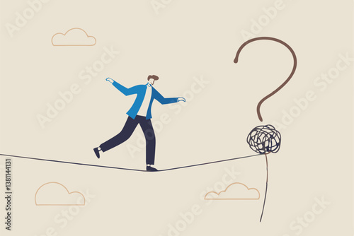 Uncertainty, unknown problem, challenge to overcome or investment risk, find out solution for business difficulty, adversity or determination, businessman acrobat rope walking to find question mark.