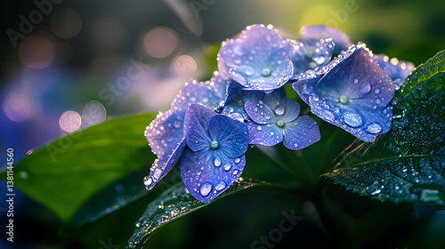 A close-up of dew-covered hydrangeas under soft morning light.