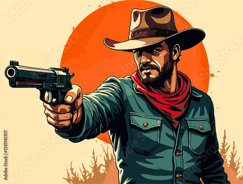 Cowboy aiming pistol against sunset backdrop in a rugged landscape of the Wild West