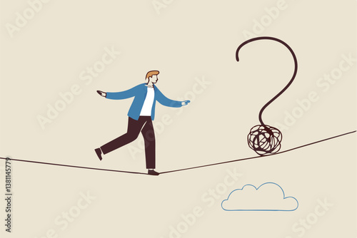 Uncertainty, unknown problem, challenge to overcome or investment risk, find out solution for business difficulty, adversity or determination, businessman acrobat rope walking to find question mark.