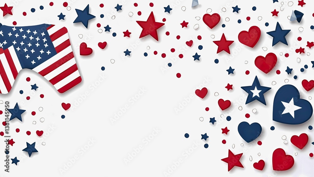 Fototapeta premium An American Flag design with stars and hearts in red and blue scattered on the sides, symbolizing patriotism and national pride.