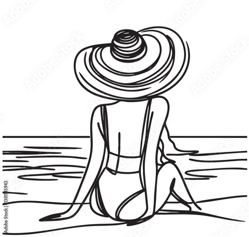 sketch, vacation, vector, drawing, girl, design, hat, woman, beach, sea, holiday, travel, isolated, illustration, summer, relaxation, young, beautiful, palm, tropical, ocean, person, style, background