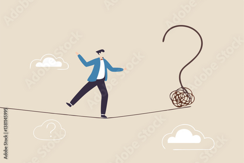 Uncertainty, unknown problem, challenge to overcome or investment risk, find out solution for business difficulty, adversity or determination, businessman acrobat rope walking to find question mark.