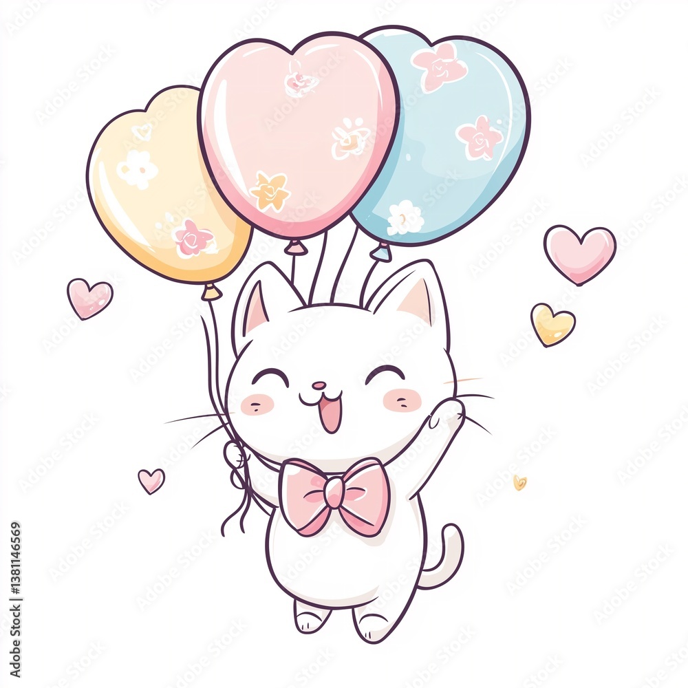 Adorable kawaii-style white cat with a big pink bowtie Adorable kawaii-style white cat with a big pink bowtie
