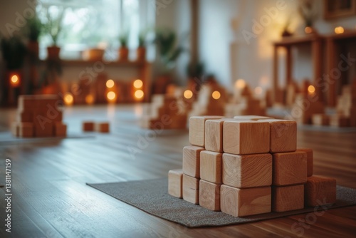 Wooden blocks arranged in a fitness studio used for exercises and relaxation in a calm environment during daytime
