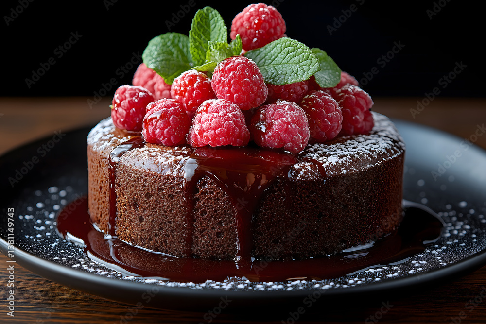 Delicious chocolate cake topped with fresh raspberries and mint leaves on a black plate Delicious chocolate cake topped with fresh raspberries and mint leaves on a black plate