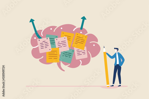 Idea memo, brainstorm or scrum sticky notes, productive plan, memory or task reminder, mind map for work arrangement, thought and wisdom concept, businessman write sticky notes on human brain.