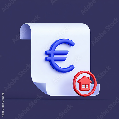 3D Illustration of Euro Currency Symbol on Document with Real Estate Icon – Concept of Housing Costs, Mortgage, Rent or Property Investment in Europe photo