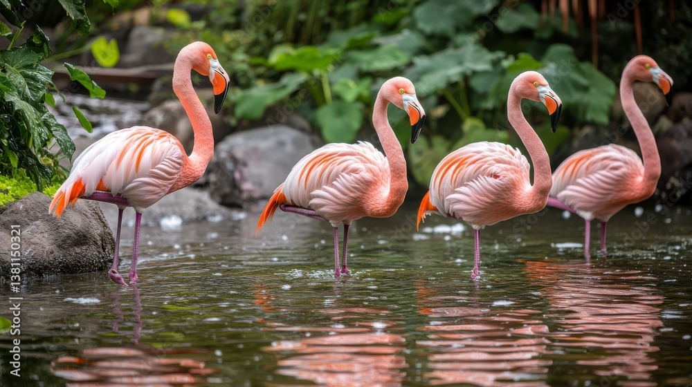 Pink Flamingos in Tranquil Water, Lush Green Background Pink Flamingos in Tranquil Water, Lush Green Background