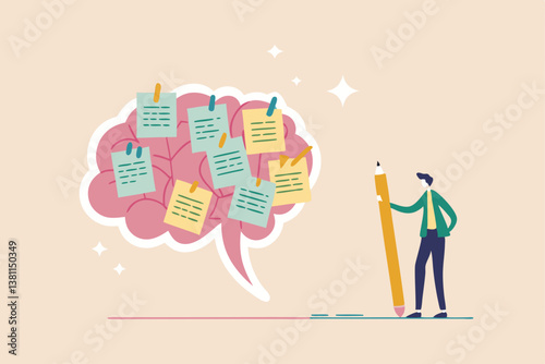 Idea memo, brainstorm or scrum sticky notes, productive plan, memory or task reminder, mind map for work arrangement, thought and wisdom concept, businessman write sticky notes on human brain.