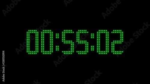 animated countdown timer 60 minutes to 0 seconds, digital square led number. animation video isolated on alpha channel(transparent) background.