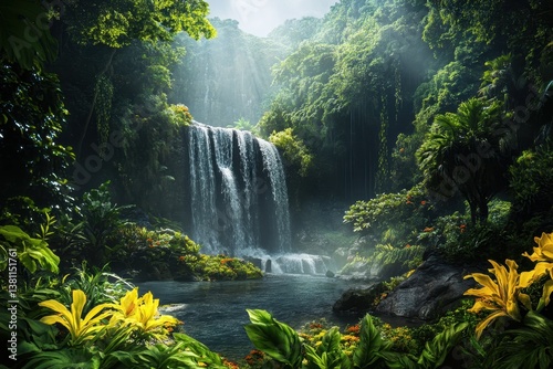 Majestic waterfall cascading through lush jungle vegetation on a sunny day