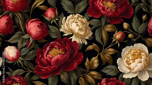 Rich floral tapestry: Crimson and cream blossoms unfurl against a dark backdrop, exuding elegance and romantic charm.