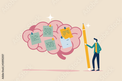 Idea memo, brainstorm or scrum sticky notes, productive plan, memory or task reminder, mind map for work arrangement, thought and wisdom concept, businessman write sticky notes on human brain.