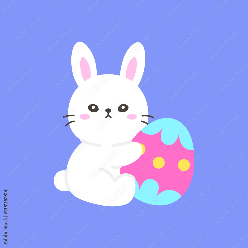 White Bunny Sitting and Hugging a Pink and Blue Easter Egg with Yellow Dots White Bunny Sitting and Hugging a Pink and Blue Easter Egg with Yellow Dots