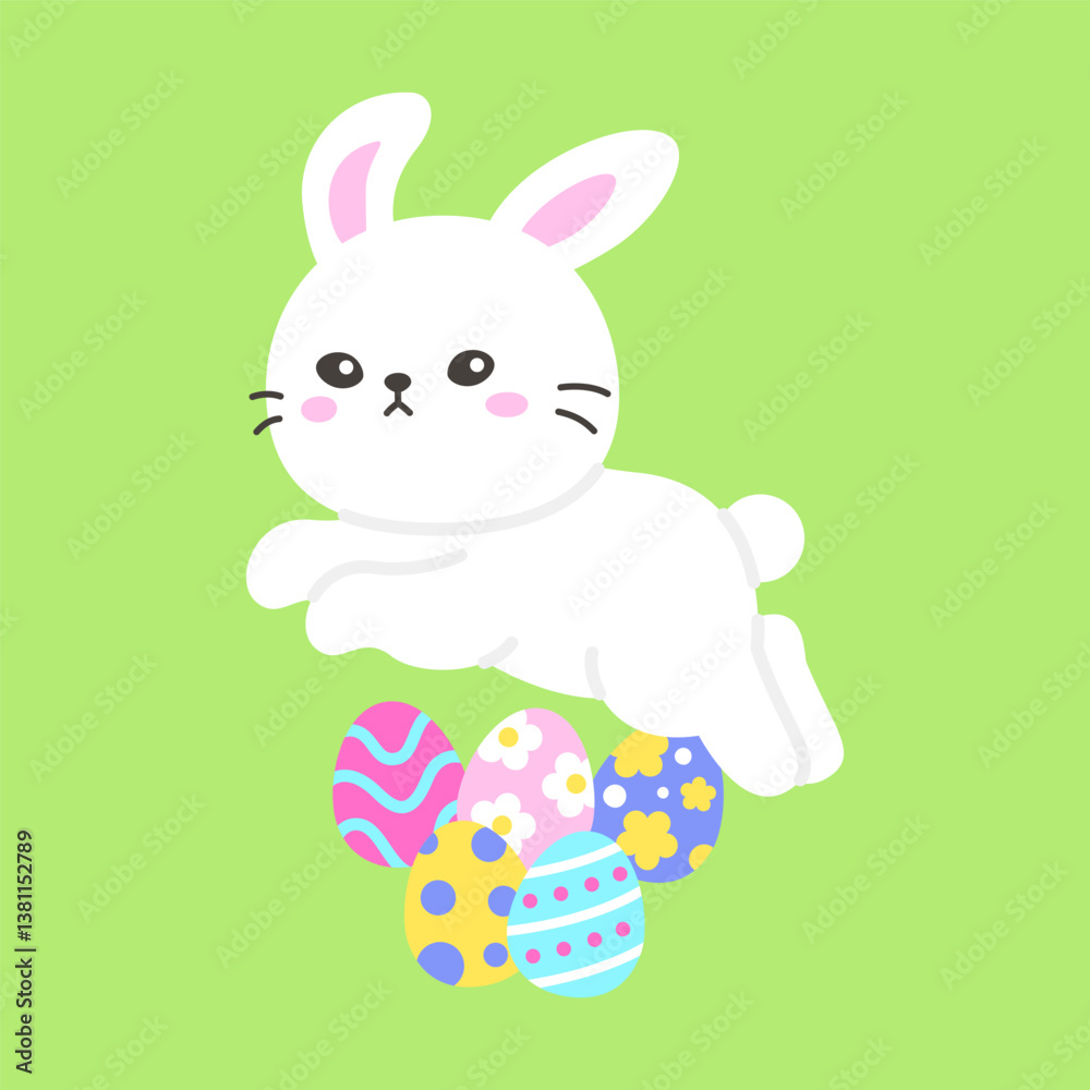 Obraz premium Adorable White Bunny Hopping Over Vibrant Easter Eggs on Green Background