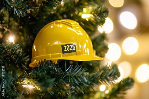 Yellow hard hat ornament on Christmas tree, 2025 photo