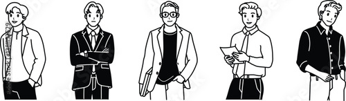 Set vector of man smart guy office suit cartoon avatar profile picture drawing minimal black and white