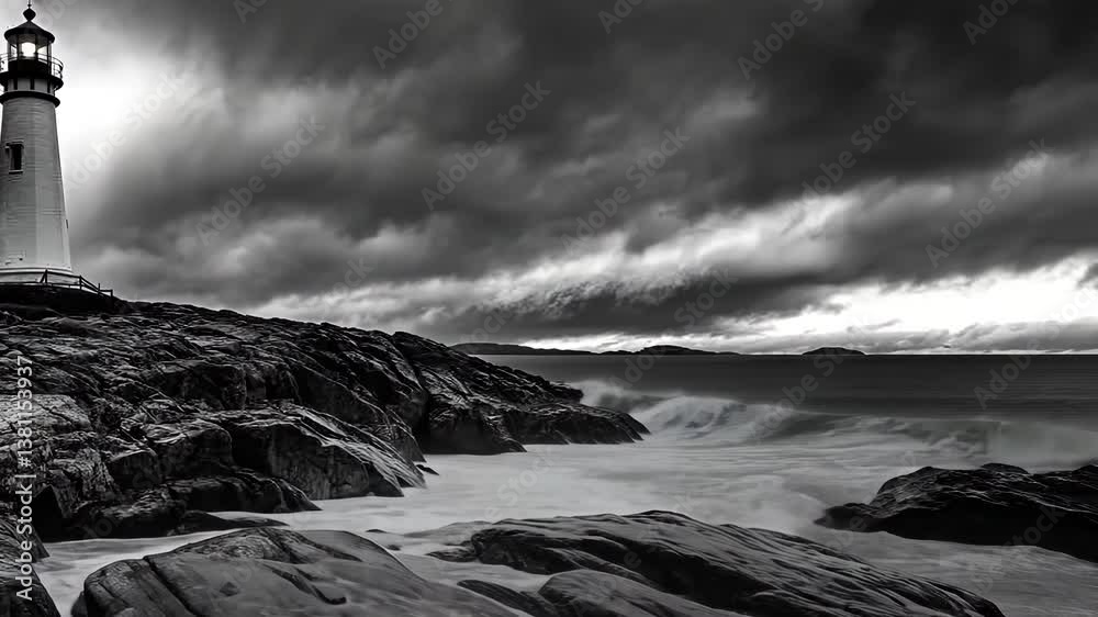 A lighthouse stands tall against the stormy sea, its beacon cutting through the darkness of the night