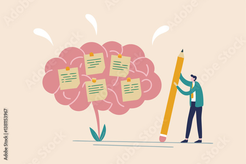 Idea memo, brainstorm or scrum sticky notes, productive plan, memory or task reminder, mind map for work arrangement, thought and wisdom concept, businessman write sticky notes on human brain.