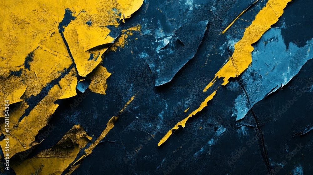 Obraz premium Abstract textured background with contrasting torn yellow and blue elements, creating a bold and dynamic visual composition.