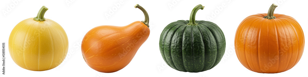 Four pumpkins showcasing diverse shapes and vibrant colors. Four pumpkins showcasing diverse shapes and vibrant colors.