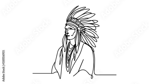 minimalist continuous one line drawing illustration of an Indian tribal chief on a white background