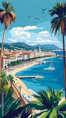 illustration, Cityscape of Cannes in France, touristic advertisement poster. Beautiful southern city in the south of France. Beautiful must-see touristic place in France, Europe, must-see travel desti