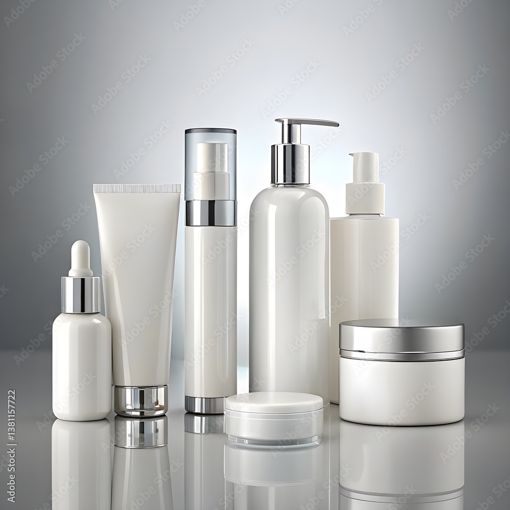 Elegant Collection of Blank Cosmetic Containers in Studio Setting for Skincare Branding Elegant Collection of Blank Cosmetic Containers in Studio Setting for Skincare Branding