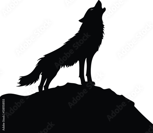 Vector Wolf Howling, Silhouette on Hilltop Illustration.